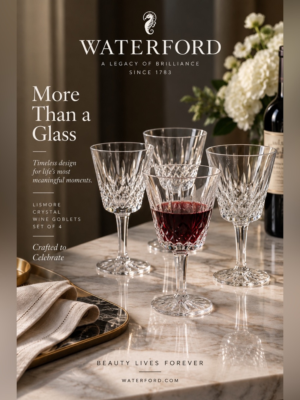 Waterford Lismore Crystal Clear Wine Goblet Set of 4